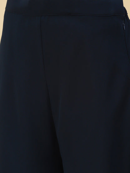 Solid Top with Flared Palazzo & Floral Embroidered Long Jacket - Teal Blue