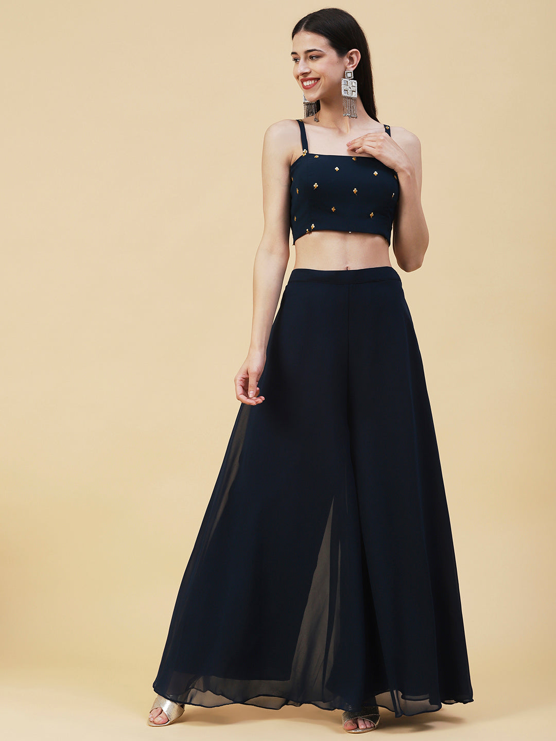 Solid Top with Flared Palazzo & Floral Embroidered Long Jacket - Teal Blue