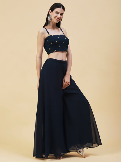 Solid Top with Flared Palazzo & Floral Embroidered Long Jacket - Teal Blue