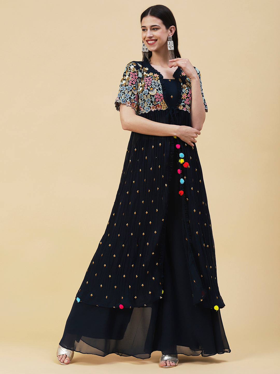 Solid Top with Flared Palazzo & Floral Embroidered Long Jacket - Teal Blue