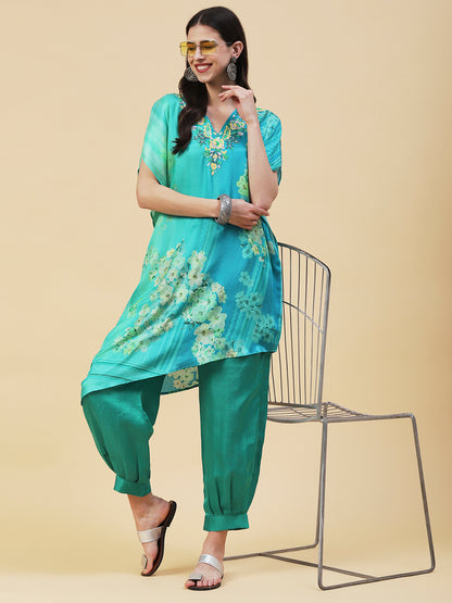 Floral Printed Ombre Dyed Sequins Embroidered Kurta With Harem Pants - Turquoise Blue