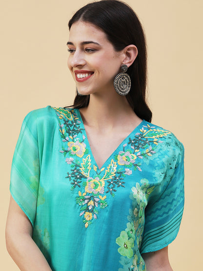 Floral Printed Ombre Dyed Sequins Embroidered Kurta With Harem Pants - Turquoise Blue