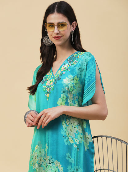 Floral Printed Ombre Dyed Sequins Embroidered Kurta With Harem Pants - Turquoise Blue