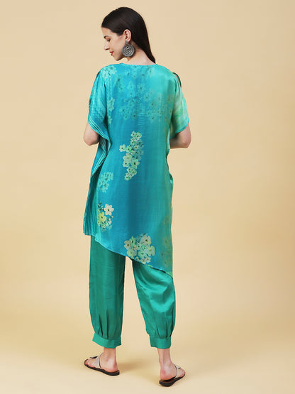 Floral Printed Ombre Dyed Sequins Embroidered Kurta With Harem Pants - Turquoise Blue