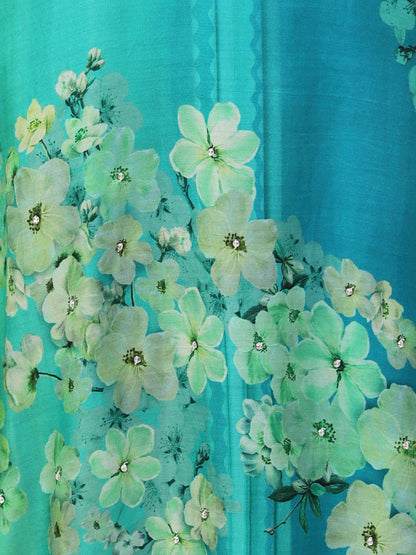 Floral Printed Ombre Dyed Sequins Embroidered Kurta With Harem Pants - Turquoise Blue