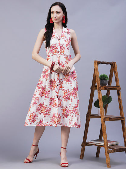 Floral Printed A-Line Midi Dress - Off White