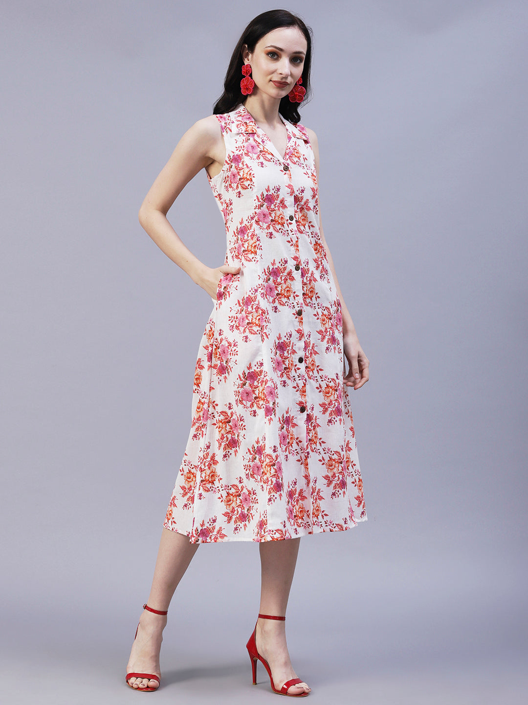 Floral Printed A-Line Midi Dress - Off White