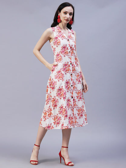 Floral Printed A-Line Midi Dress - Off White