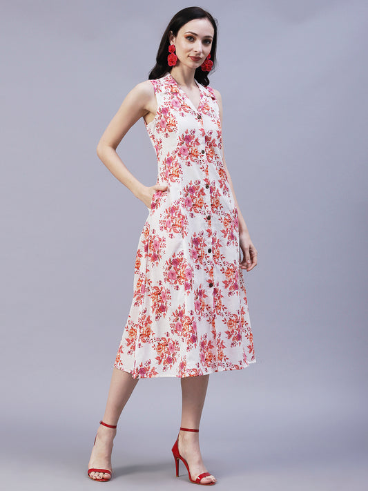 Floral Printed A-Line Midi Dress - Off White
