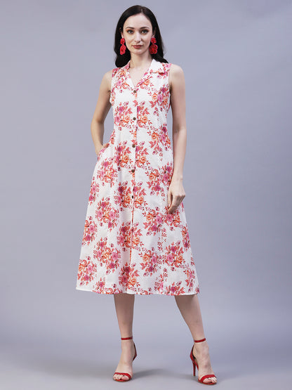 Floral Printed A-Line Midi Dress - Off White