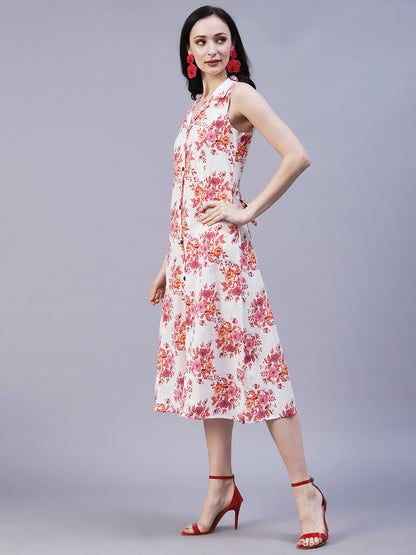 Floral Printed A-Line Midi Dress - Off White