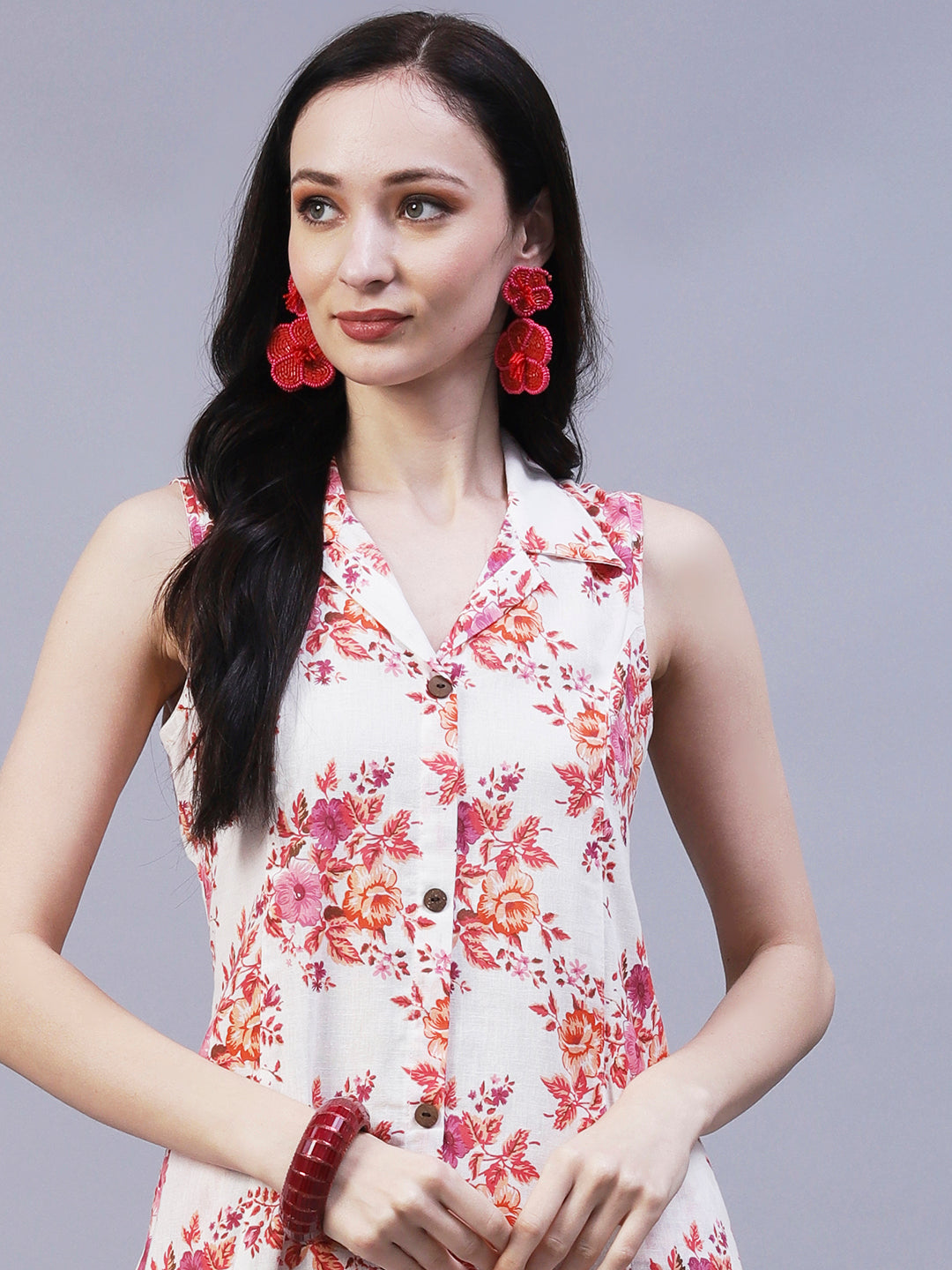 Floral Printed A-Line Midi Dress - Off White