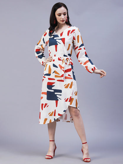 Abstract Printed Wrap A-Line Midi Dress with Belt - White