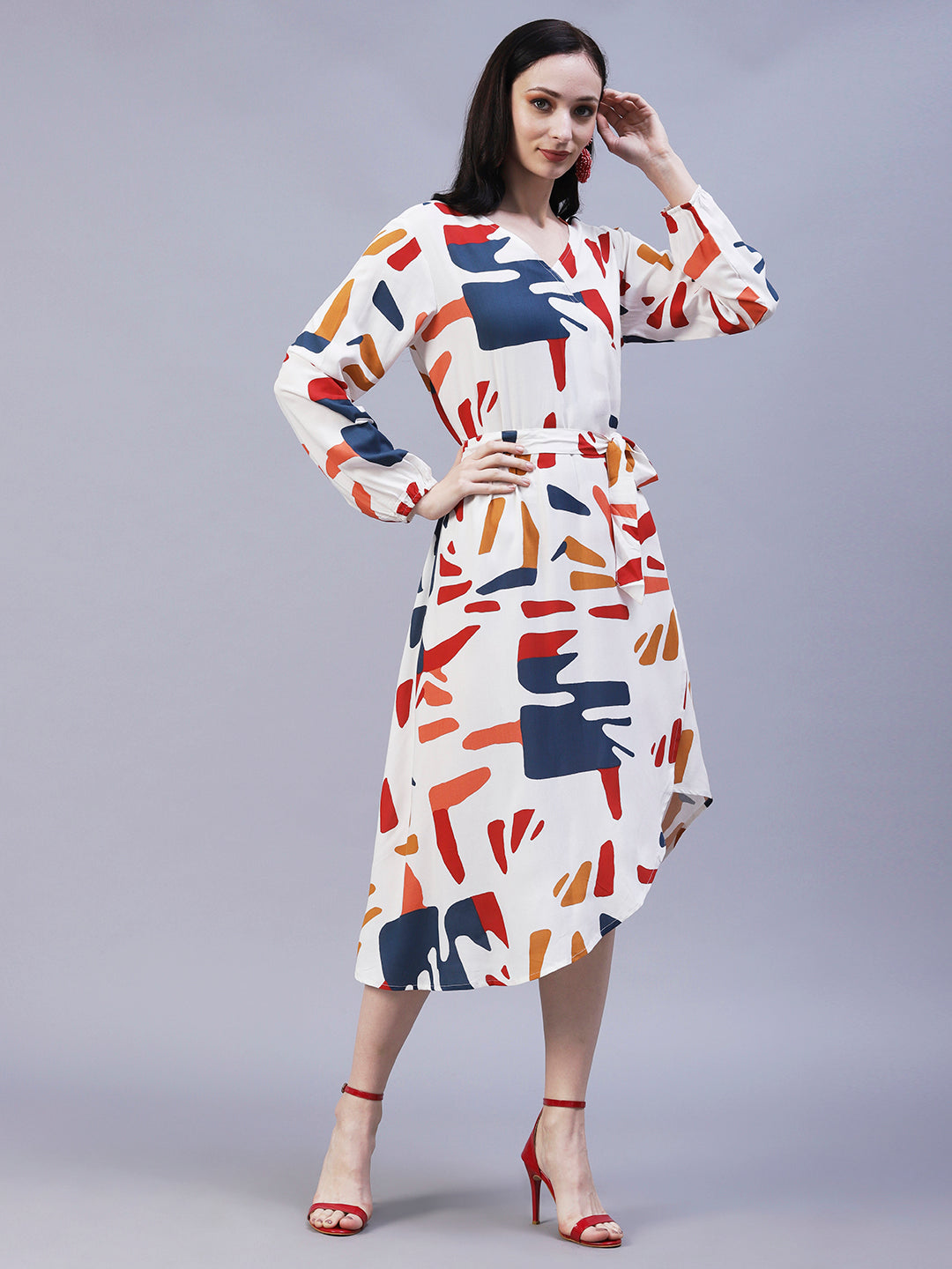 Abstract Printed Wrap A-Line Midi Dress with Belt - White