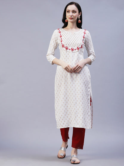 Ethnic Foil Printed & Embroidered Straight Fit Kurta - Off White
