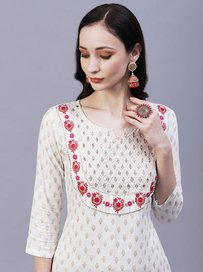 Ethnic Foil Printed & Embroidered Straight Fit Kurta - Off White
