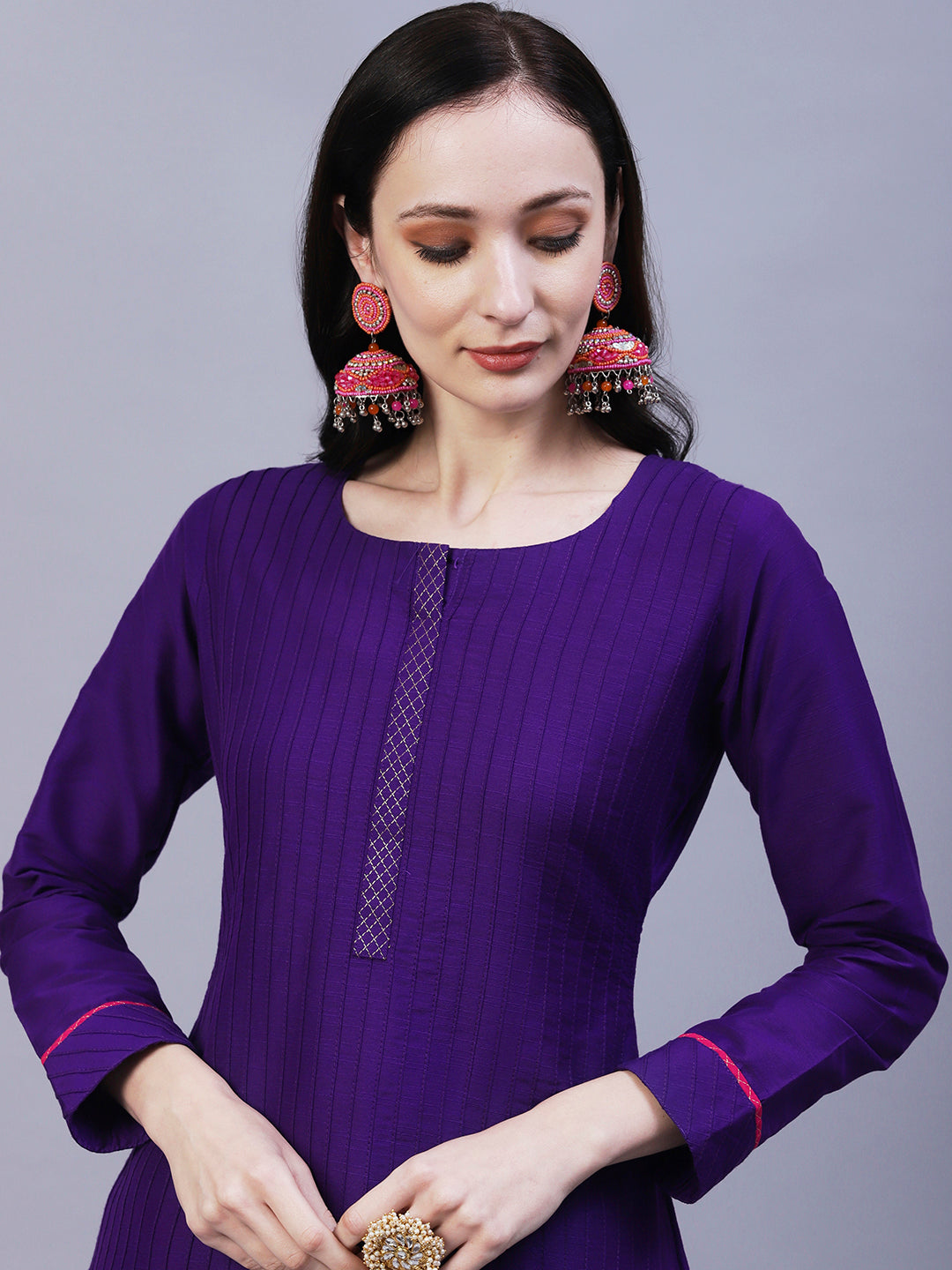 Solid Straight Fit Kurta with Pant - Purple