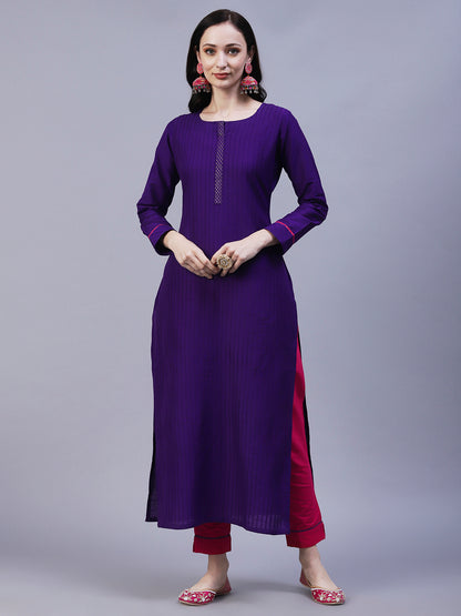 Solid Straight Fit Kurta with Pant - Purple