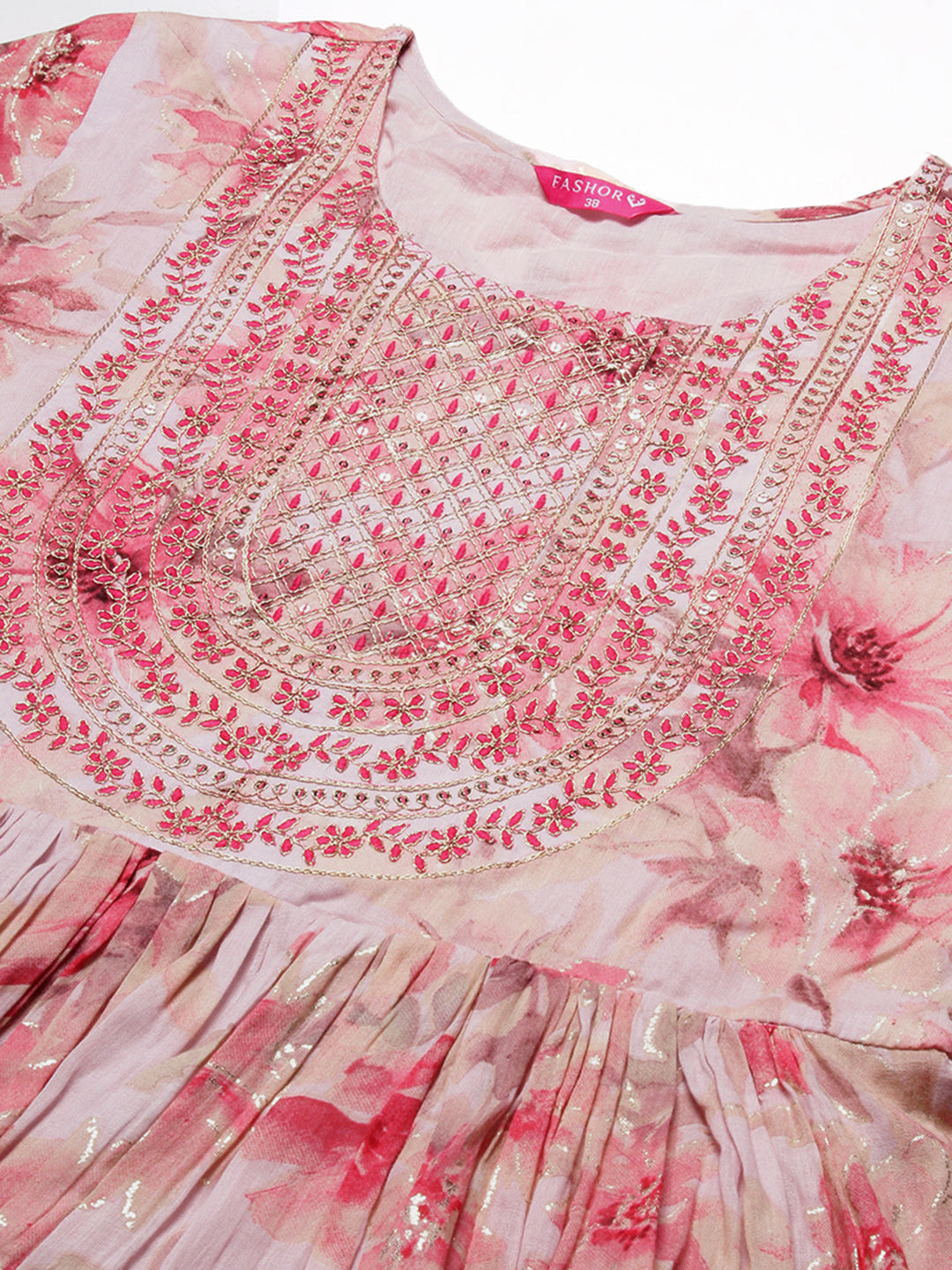 Abstract Floral Printed & Embroidered Fit & Flare Midi Dress - Pastel Pink