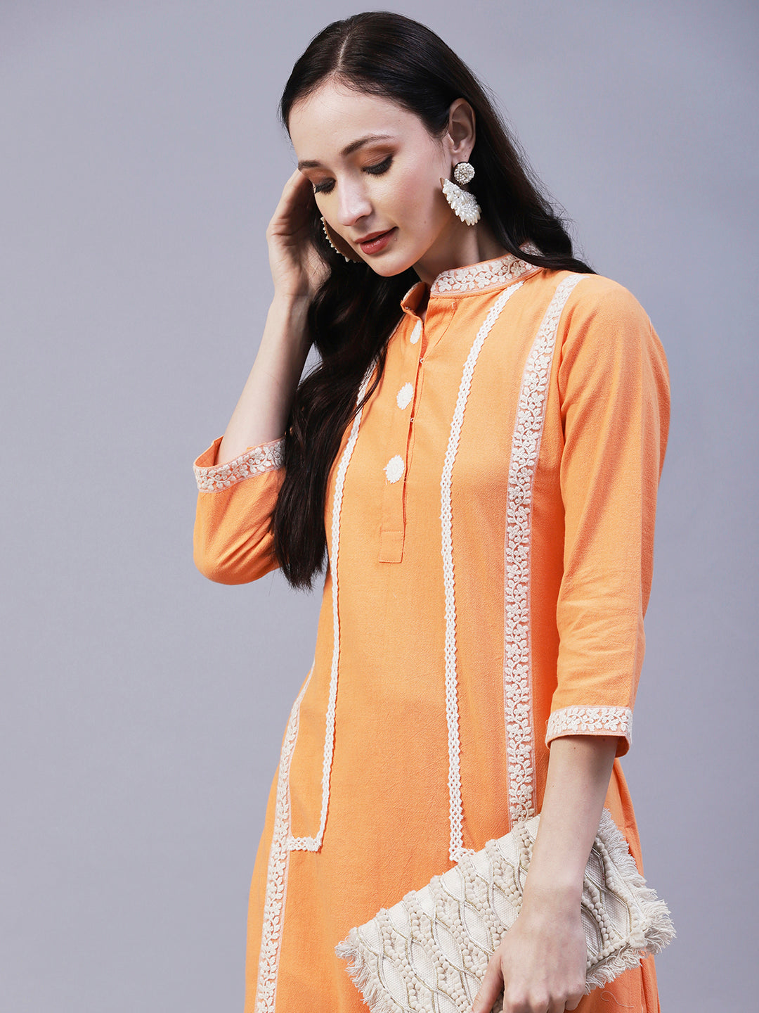 Solid Floral Embroidered Straight Fit Kurta with Pant - Orange