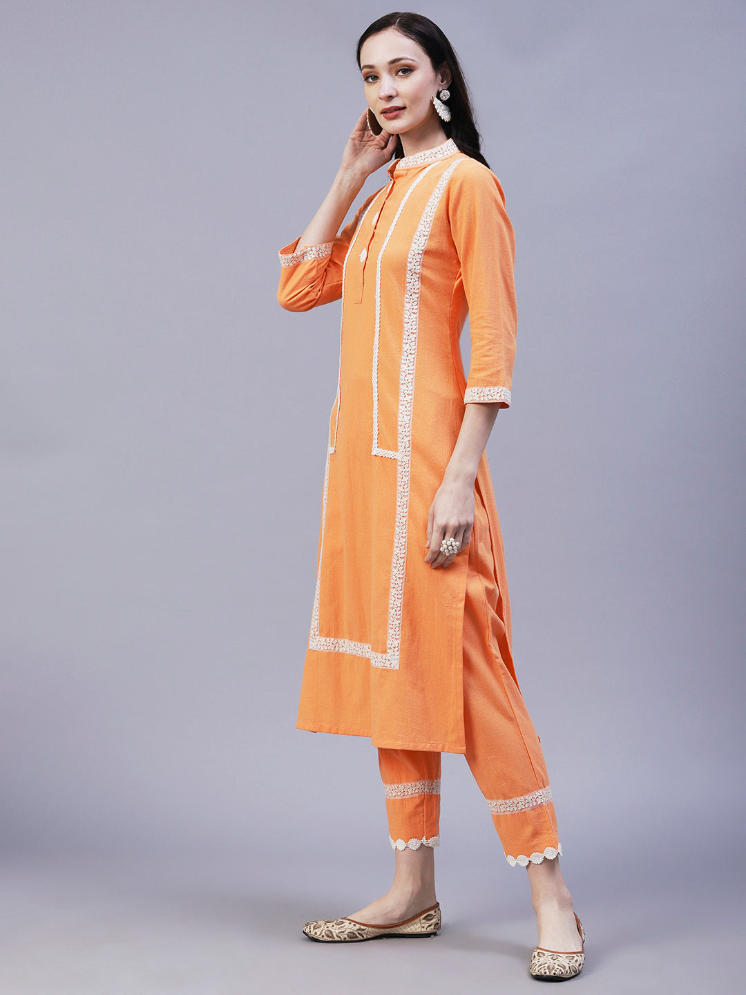 Solid Floral Embroidered Straight Fit Kurta with Pant - Orange