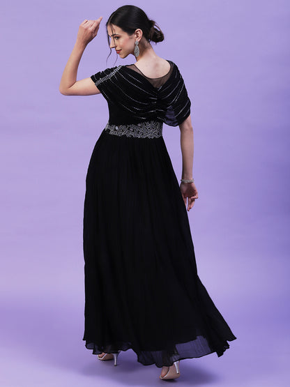 Solid Mirror & Sequins Embroidered Cape Style Sleeved Flared Dress - Black