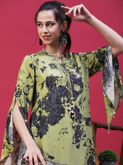 Abstract Printed Embroidered Shell Embellished Bell Sleeves Kurta With Pants - Lime Green