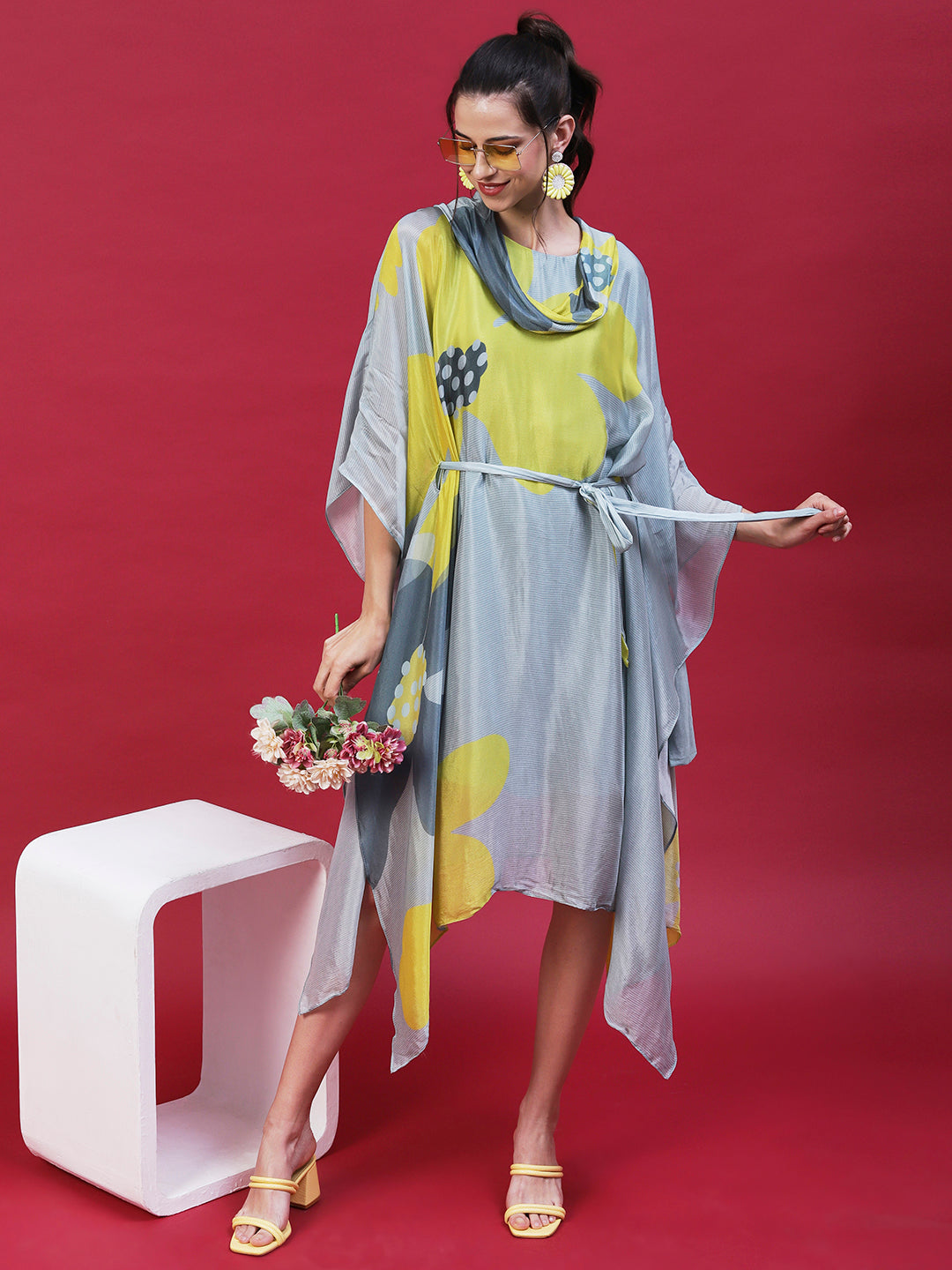 Abstract Floral Printed Kaftan Midi Dress with Belt - Grey