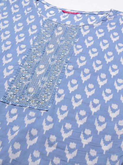 Ikkat Printed Mirror & Resham Embroidered Kurta - Blue