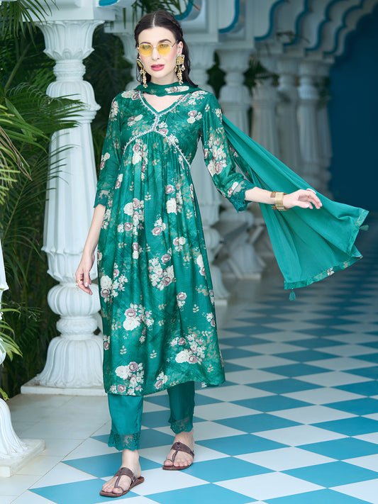 Floral Printed Pearl Embroidered Flared Kurta With Pants & Dupatta - Green