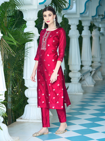 Solid Mirror & Sequins Embroidered Kurta With Pants & Bandhani Dupatta - Red
