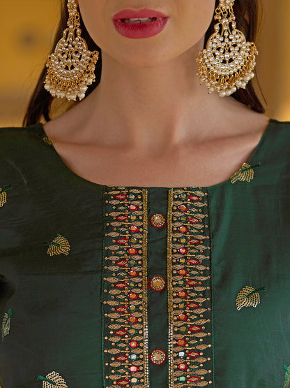 Solid Mirror & Sequins Embroidered Kurta With Pants & Bandhani Dupatta - Green