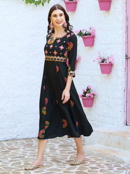 Ethnic Printed & Embroidered Anarkali Flared Midi Dress - Black