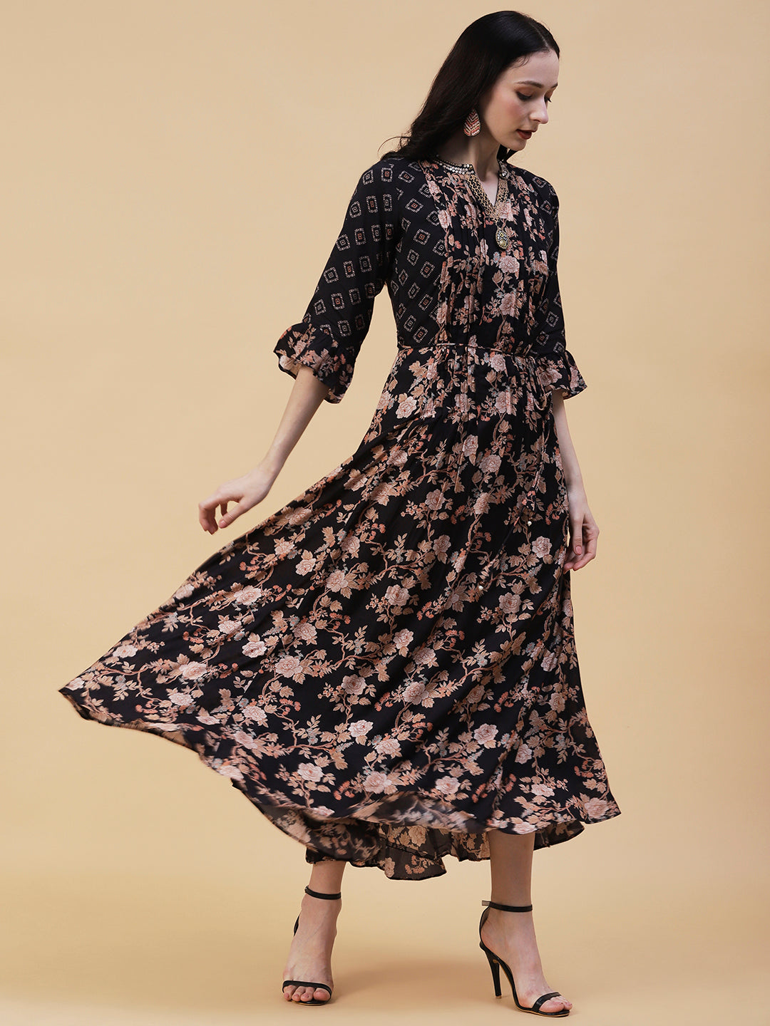 Floral Printed Mirror & Cutdana Embroidered Pleated Flared Maxi