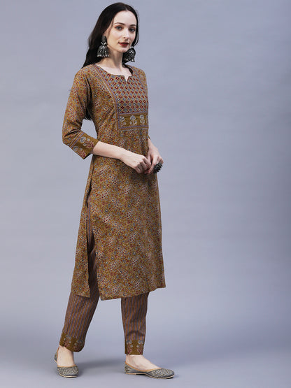 Floral Block Printed Zari & Sequins Embroidered Kurta With Pants - Taupe