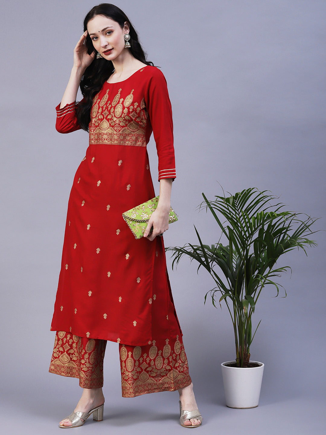 Floral & Ethnic Khari & Shimmer Printed Kurta With Palazzo - Red