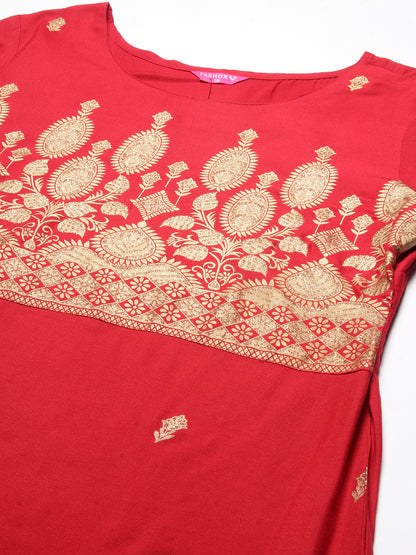 Floral & Ethnic Khari & Shimmer Printed Kurta With Palazzo - Red