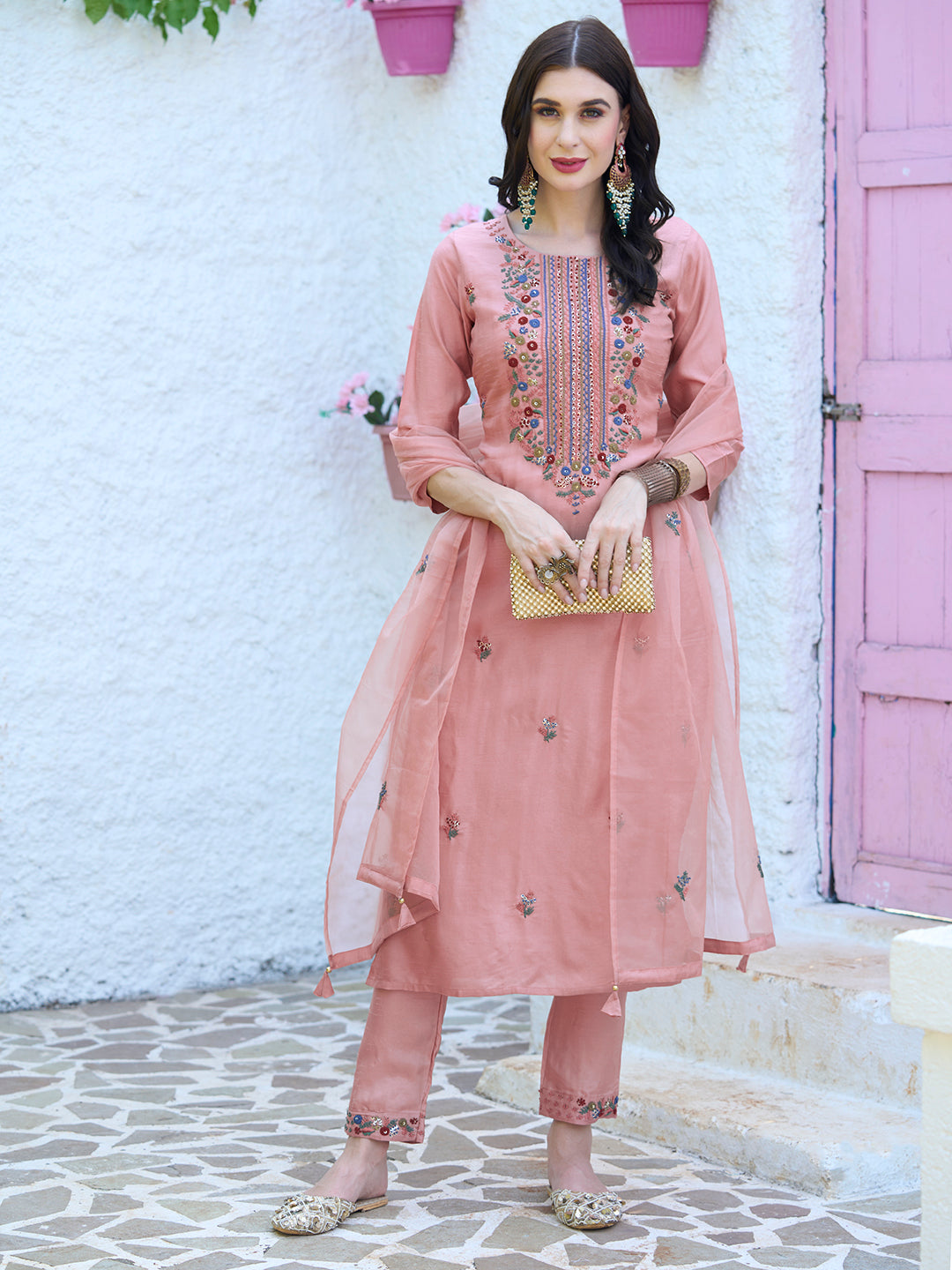 Solid Resham & Sequins Embroidered Kurta With Pants & Dupatta - Peach