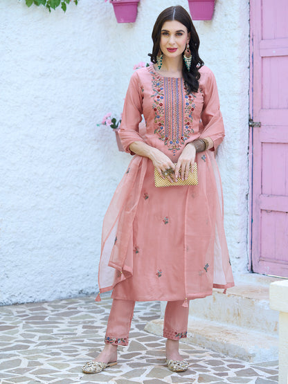 Solid Resham & Sequins Embroidered Kurta With Pants & Dupatta - Peach