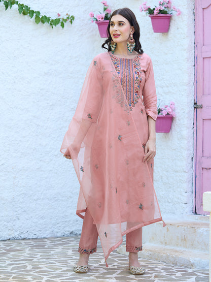 Solid Resham & Sequins Embroidered Kurta With Pants & Dupatta - Peach