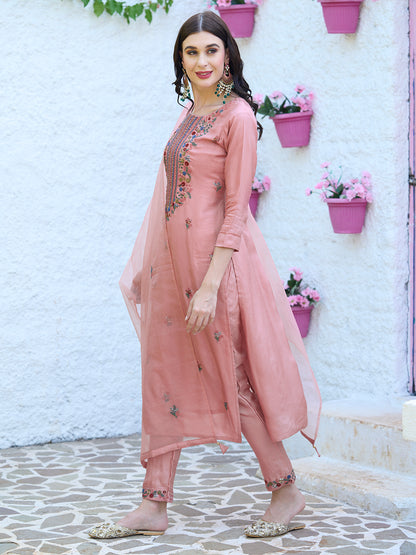 Solid Resham & Sequins Embroidered Kurta With Pants & Dupatta - Peach