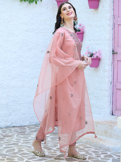 Solid Resham & Sequins Embroidered Kurta With Pants & Dupatta - Peach