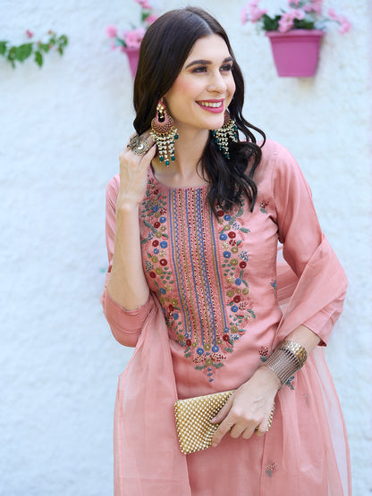 Solid Resham & Sequins Embroidered Kurta With Pants & Dupatta - Peach