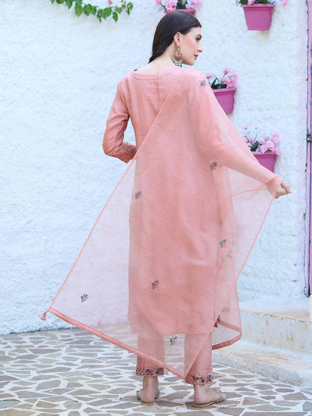 Solid Resham & Sequins Embroidered Kurta With Pants & Dupatta - Peach