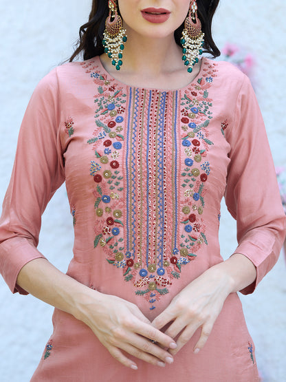 Solid Resham & Sequins Embroidered Kurta With Pants & Dupatta - Peach