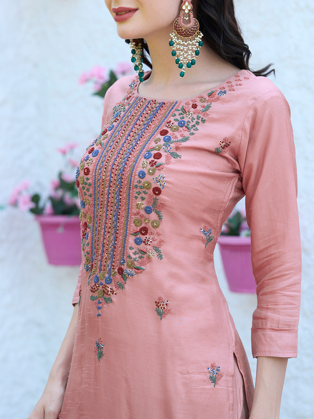 Solid Resham & Sequins Embroidered Kurta With Pants & Dupatta - Peach