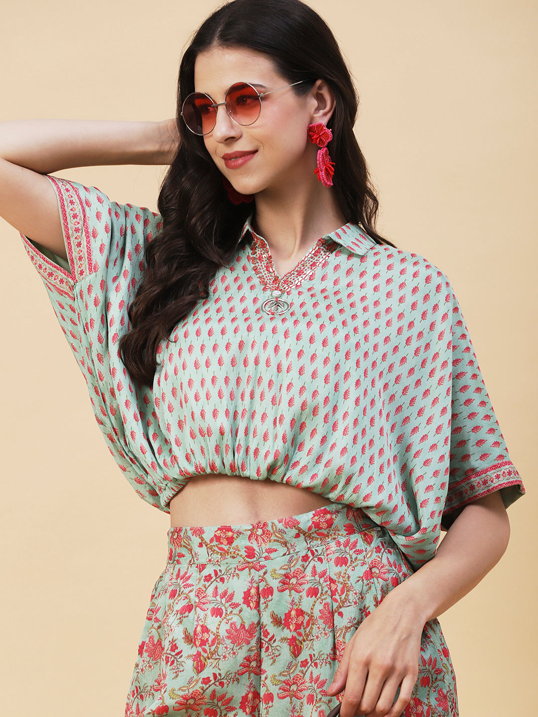 Ethnic Floral Printed Kaftan Crop Top with Palazzo - Green