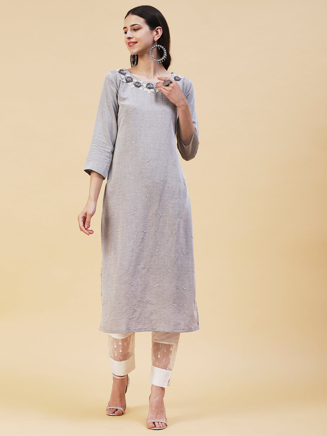 Floral Hand Embroidered Straight Fit Kurta - Grey