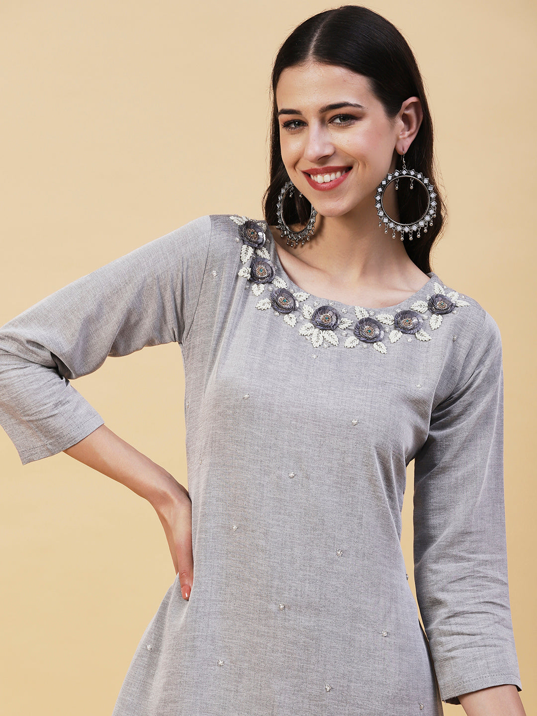 Floral Hand Embroidered Straight Fit Kurta - Grey