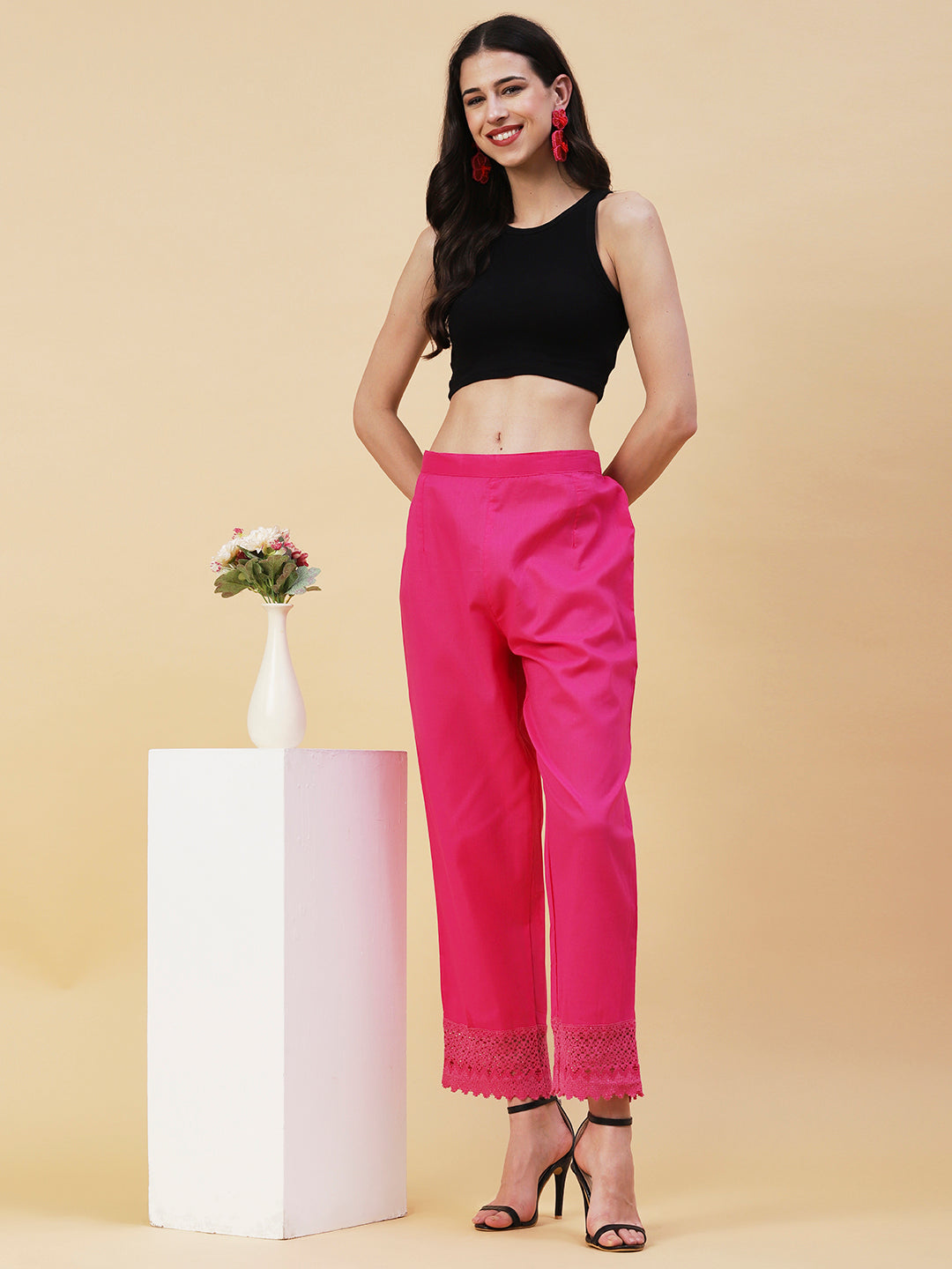 Solid Crochet Lace Embellished Scallop Pants - Magenta